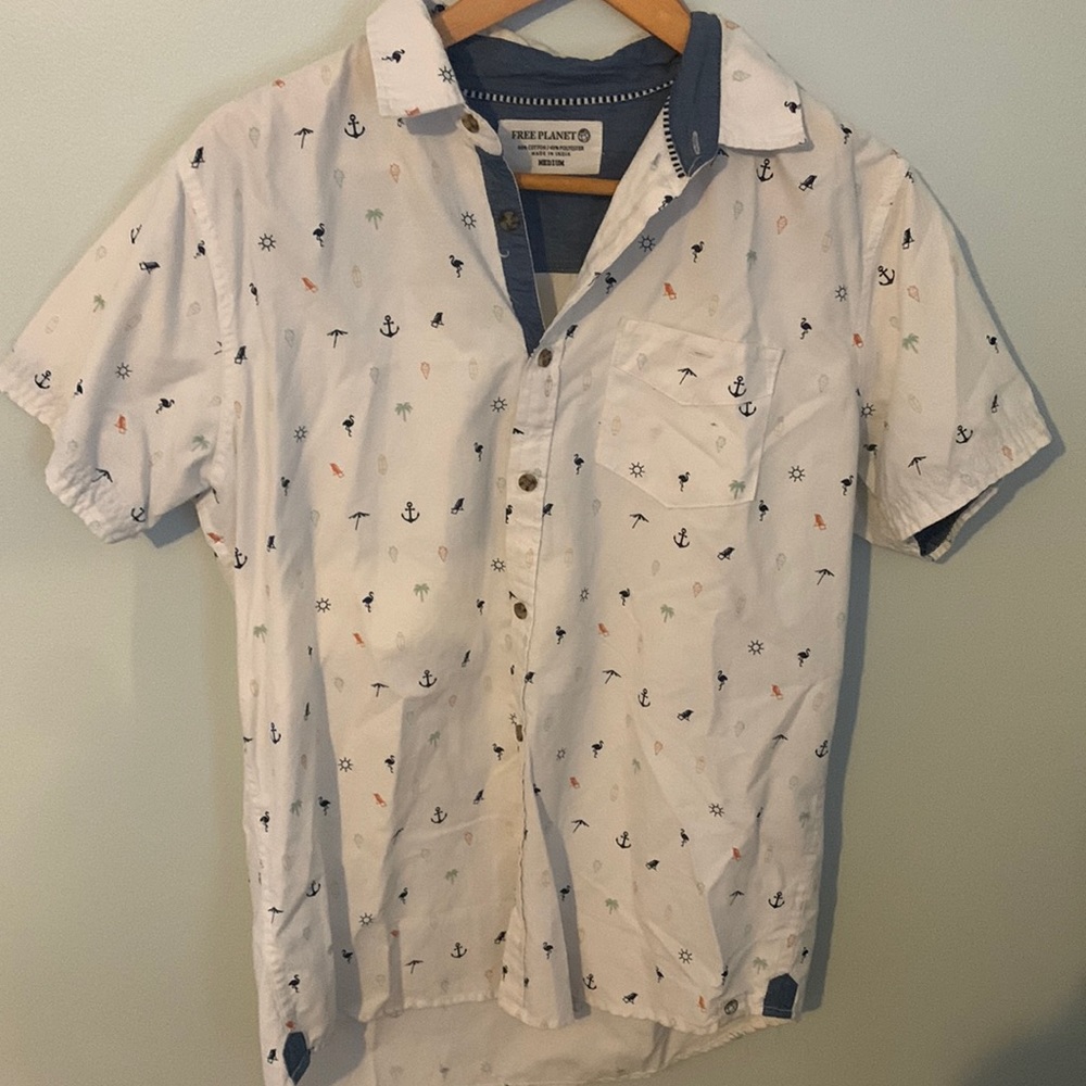 Free planet button down T shirt